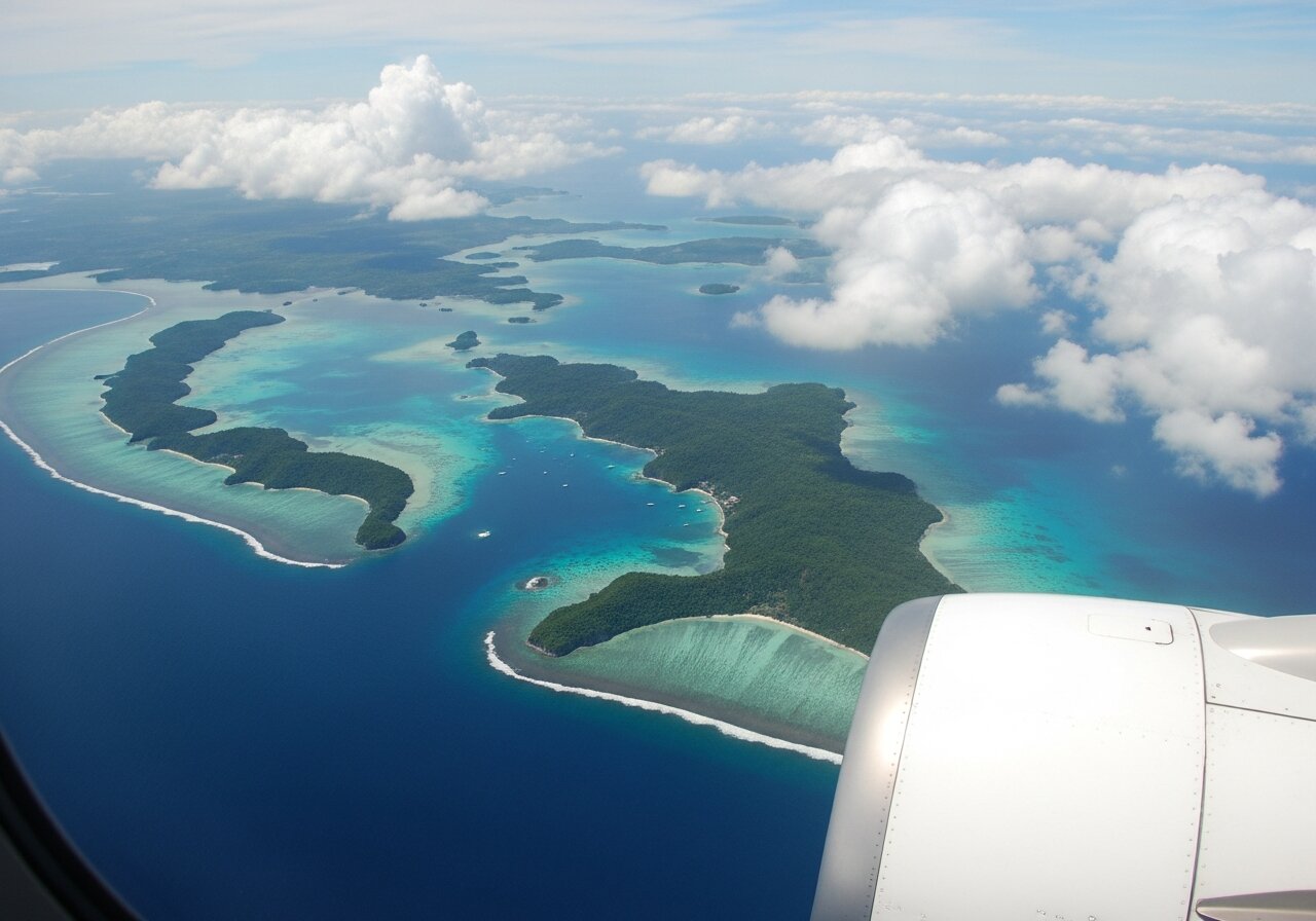 View from a small aircraft window of green islands scattered across blue sea, on the flight back to Flores.
