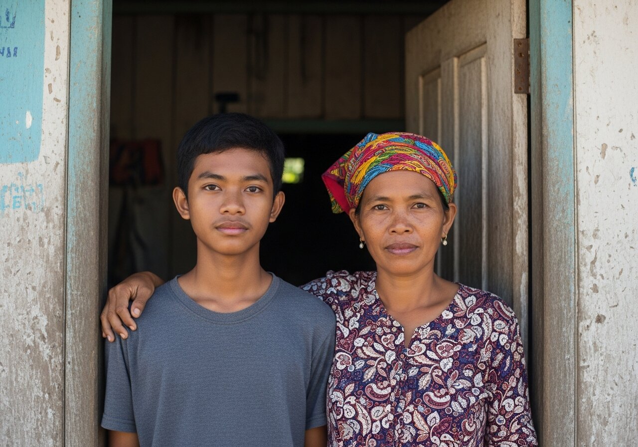 Ali Jasmin and his mother, Anisa, at the front door of their home in Balauring, Flores, Indonesia.