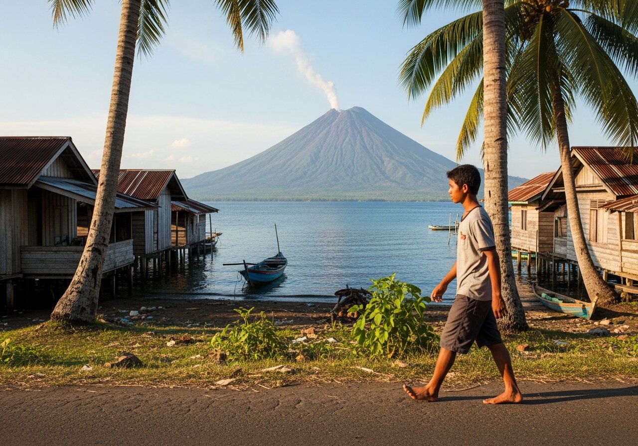 Ali Jasmin walking along the edge of his village on the island of Lembata, with the Ile Ape volcano in the background.