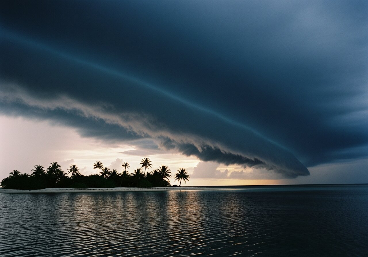 A dark afternoon storm front building over the lagoon of Abaiang atoll, with palm trees silhouetted in the foreground.