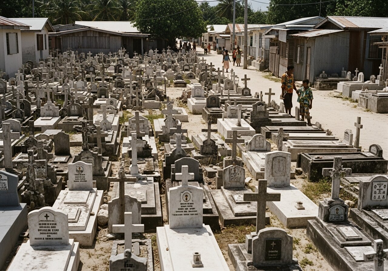Concrete graves and crosses crammed together in the overcrowded cemetery in Betio, Tarawa.