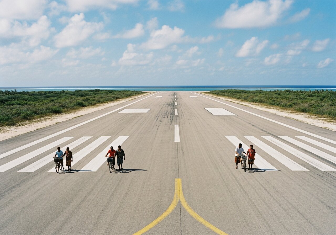 Local i-Kiribati people walking and cycling across the empty runway at Bonriki International Airport on Tarawa.