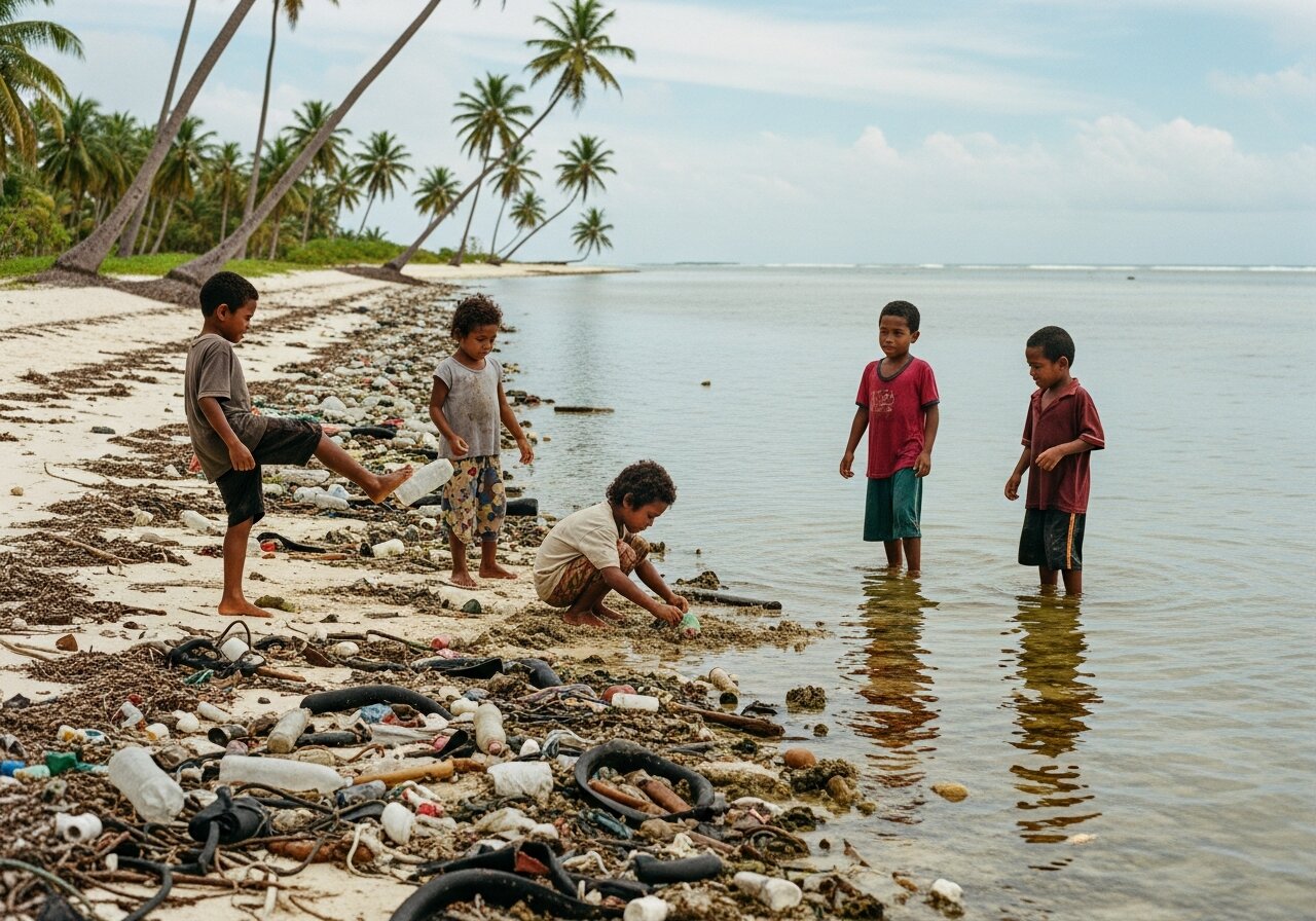 i-Kiribati children playing on a polluted beach on Tarawa, with debris and plastic in the sand.