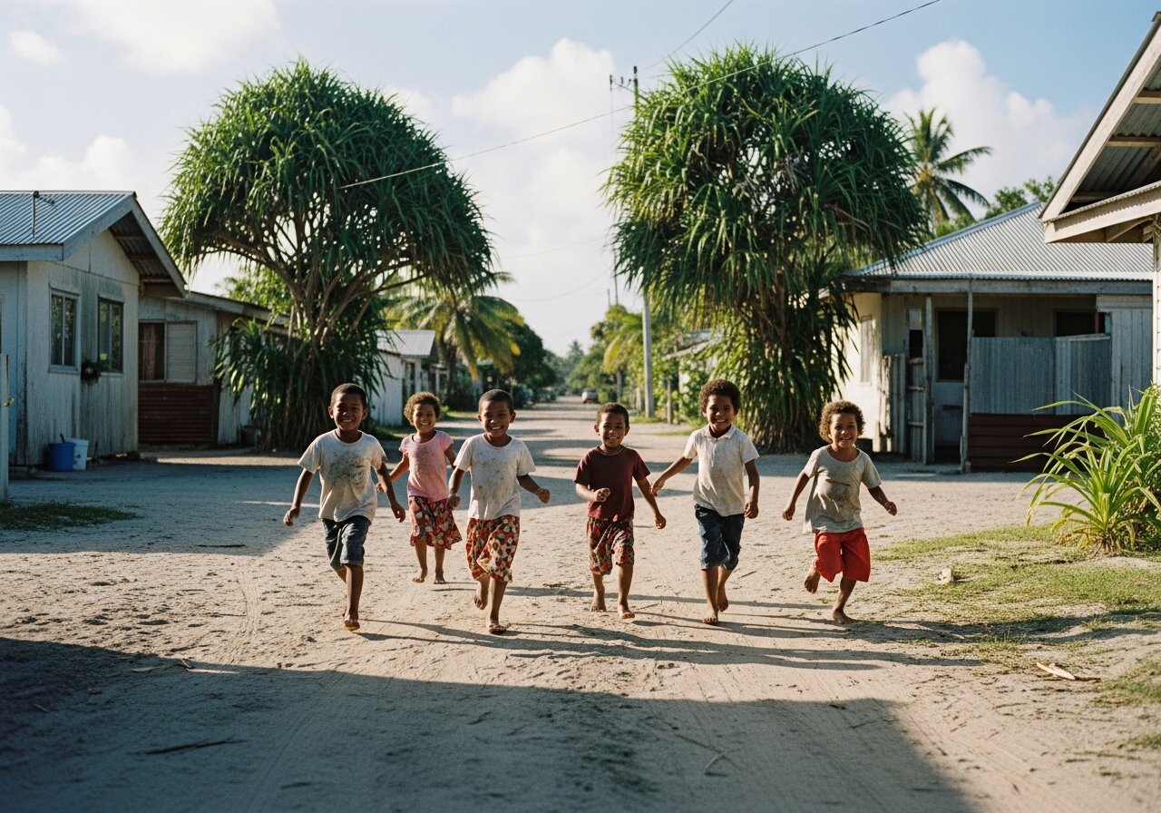 i-Kiribati children running and playing on a sandy lane between modest houses on the main island of Tarawa.