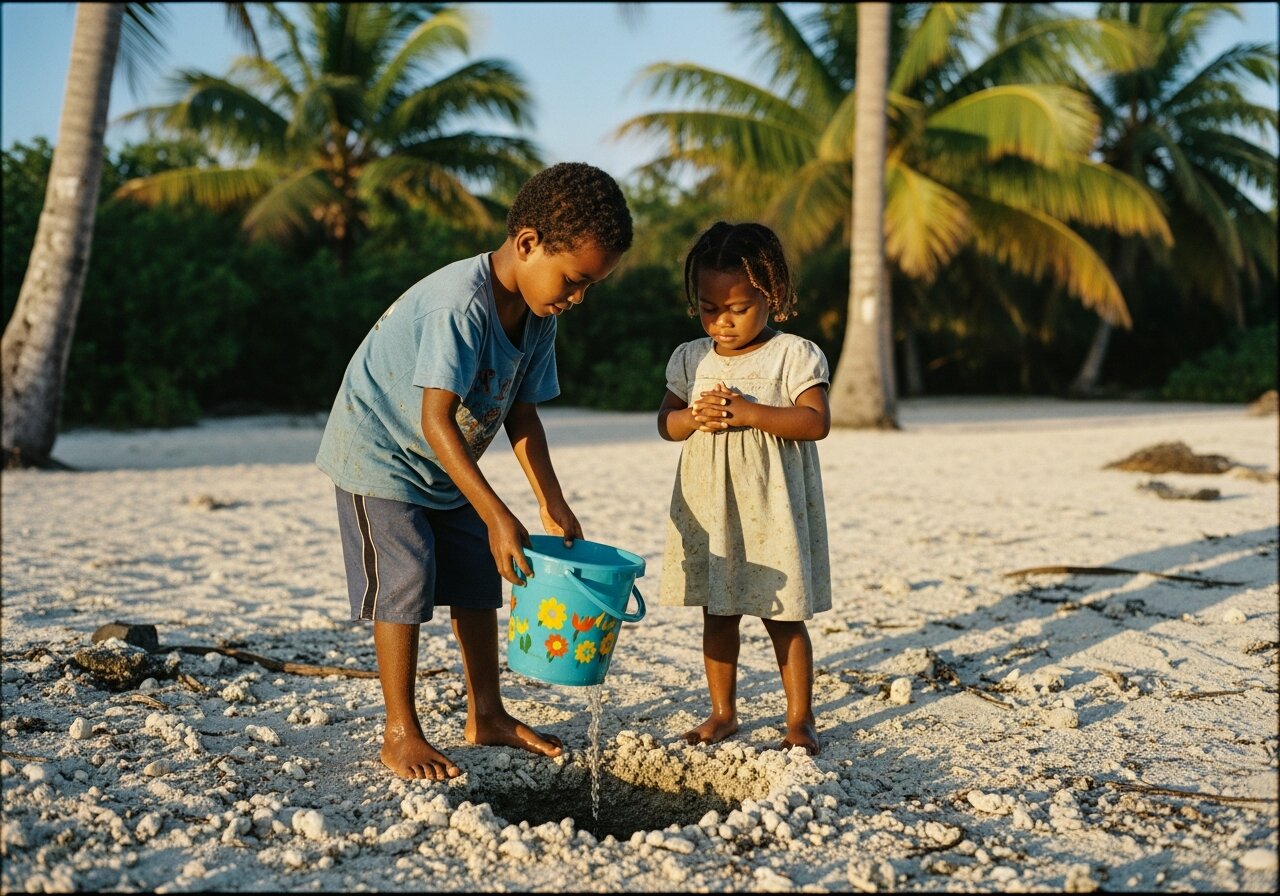 Two i-Kiribati children drawing water with a plastic bucket from a hand-dug well at morning to bathe.