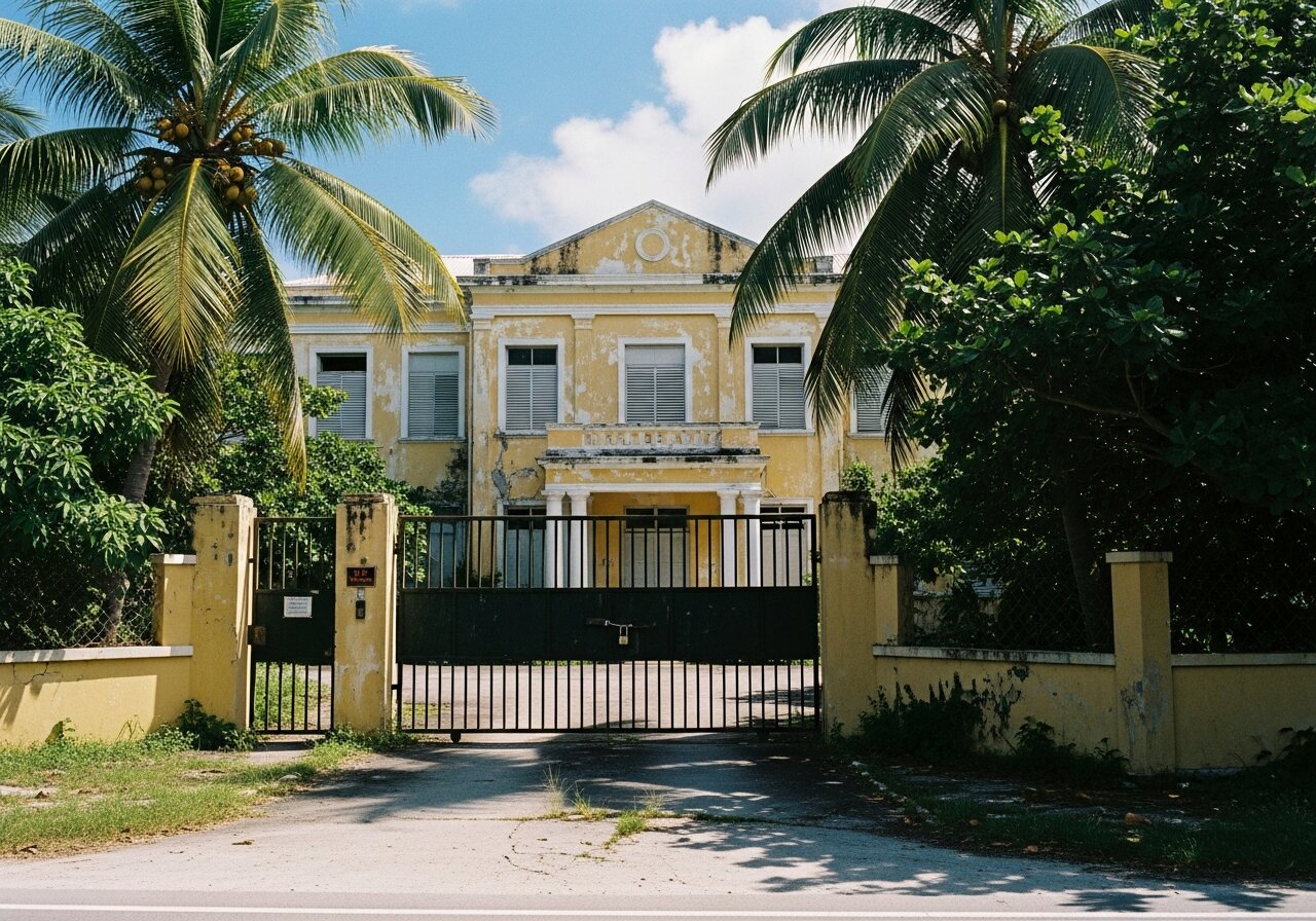 The grand yellow facade of the abandoned Chinese embassy on Tarawa, shuttered behind locked gates.