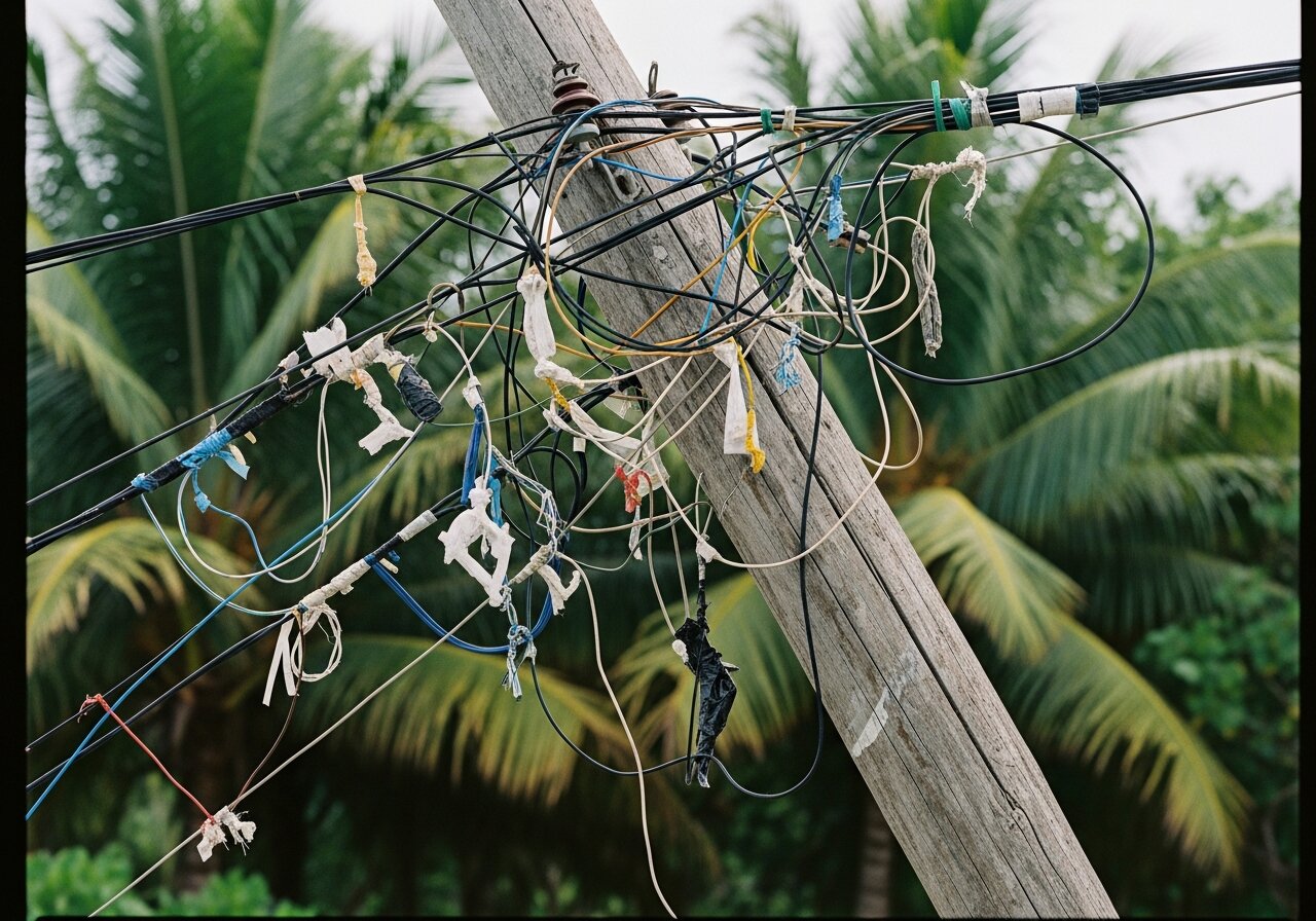 A tangled mass of jury-rigged electrical wires on a leaning timber utility pole on Tarawa.
