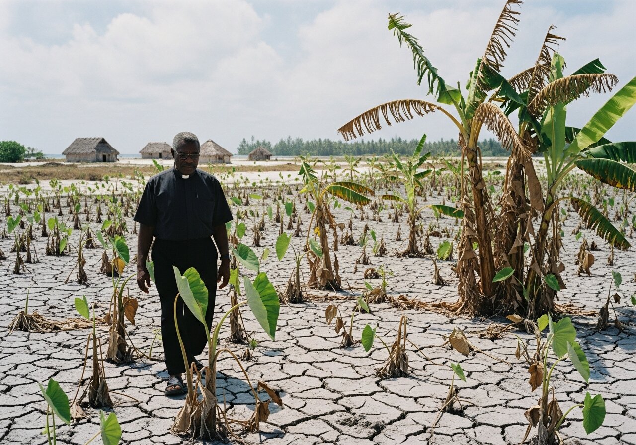Father Martin walking through the salt-killed remains of the taro and banana fields in Tebunginako on Abaiang Island.
