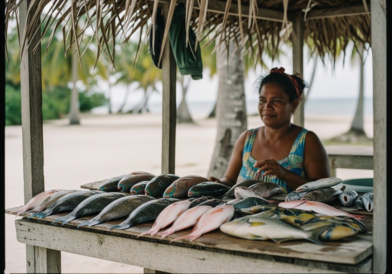 A simple roadside fish stall on Tarawa with freshly caught reef fish on a wooden board.