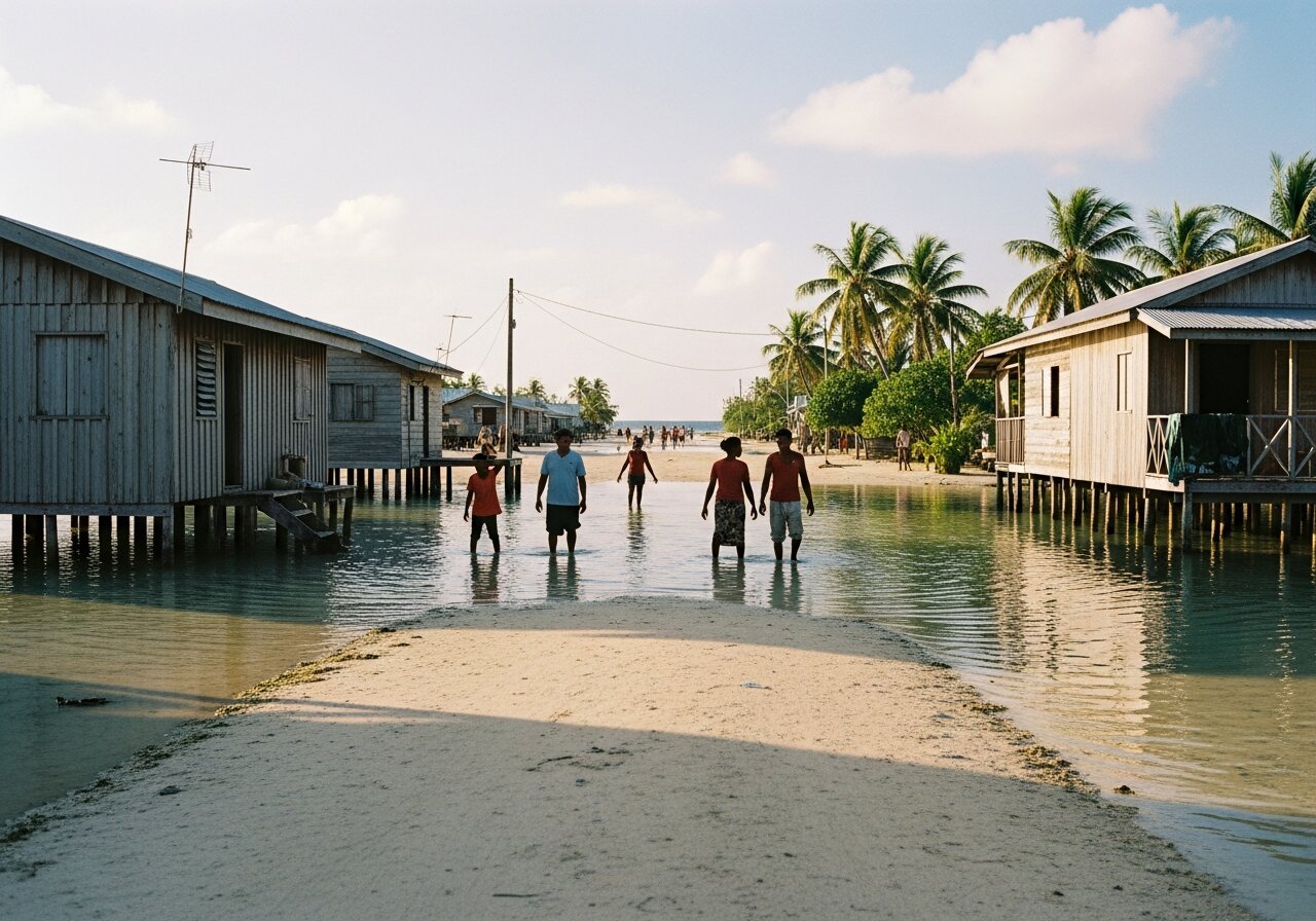 Wooden stilt houses on Tarawa surrounded by water at high tide, with residents wading ankle-deep.