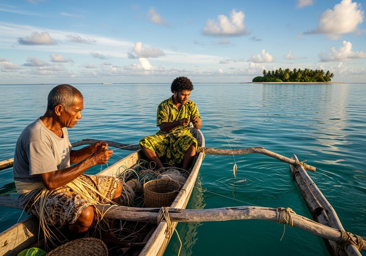 Two i-Kiribati men fishing with hand lines from a small outrigger canoe on the calm turquoise Tarawa lagoon.