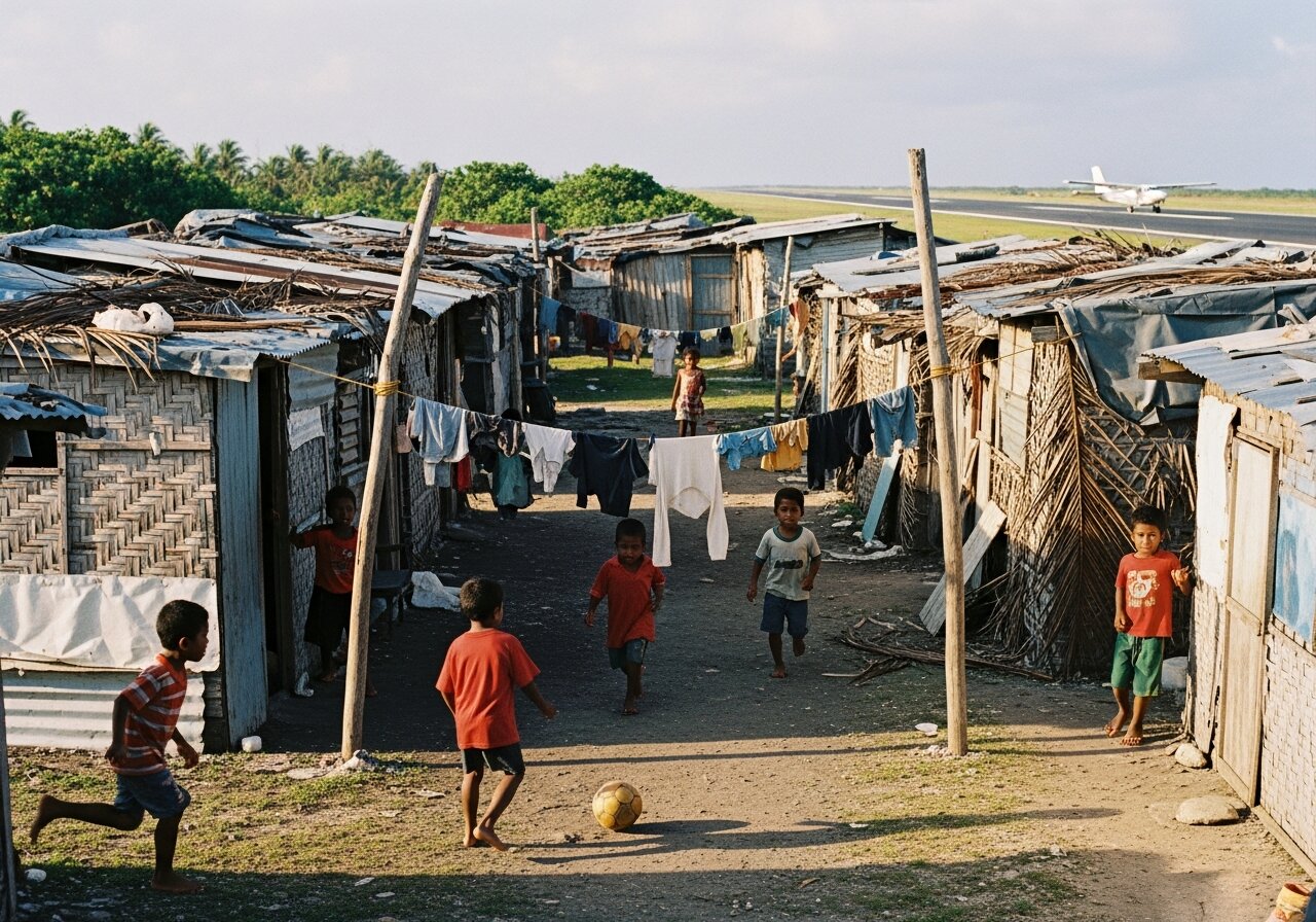 A squatter settlement of palm-frond and timber shanties in the scrub beside the Tarawa airport runway.