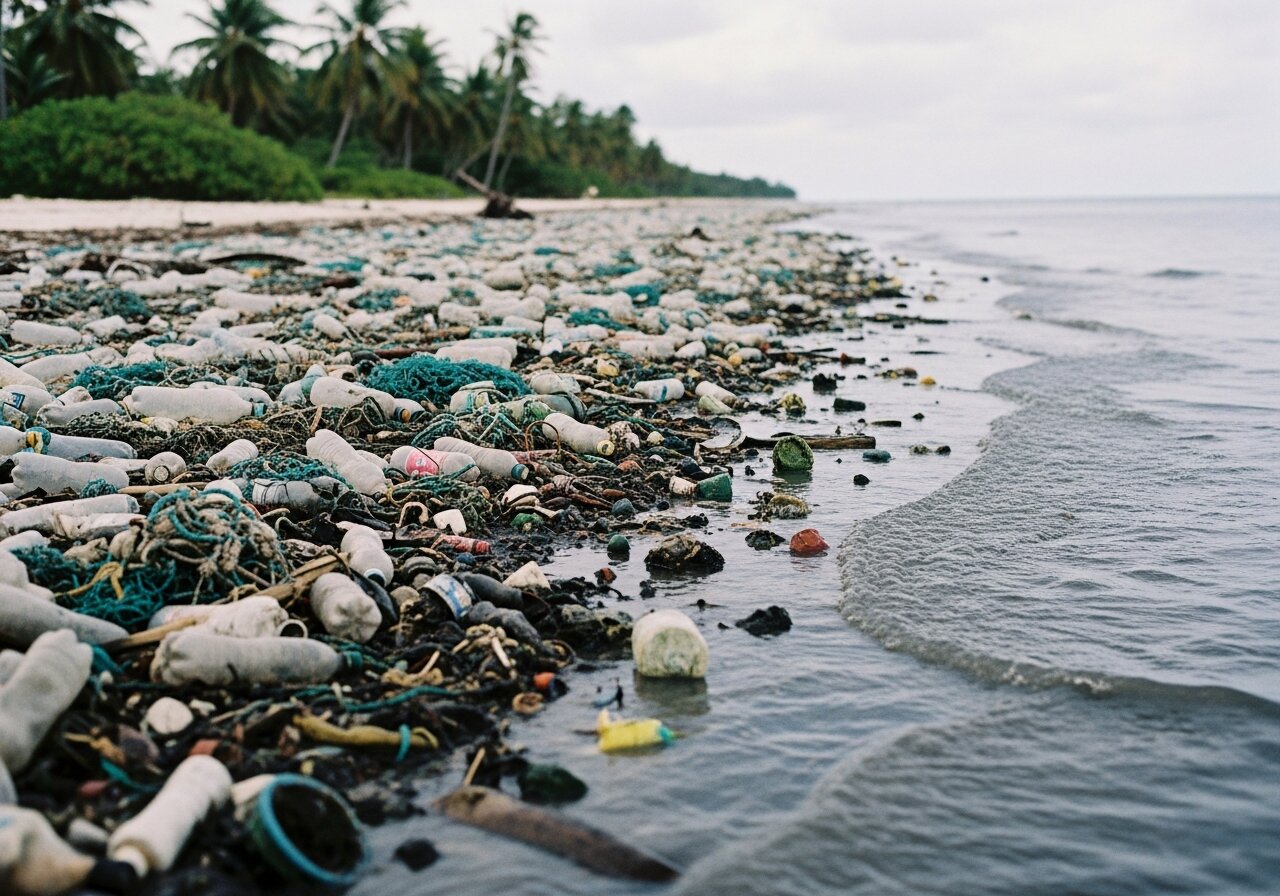 Plastic bottles and debris washed up at high tide along the shoreline of South Tarawa.