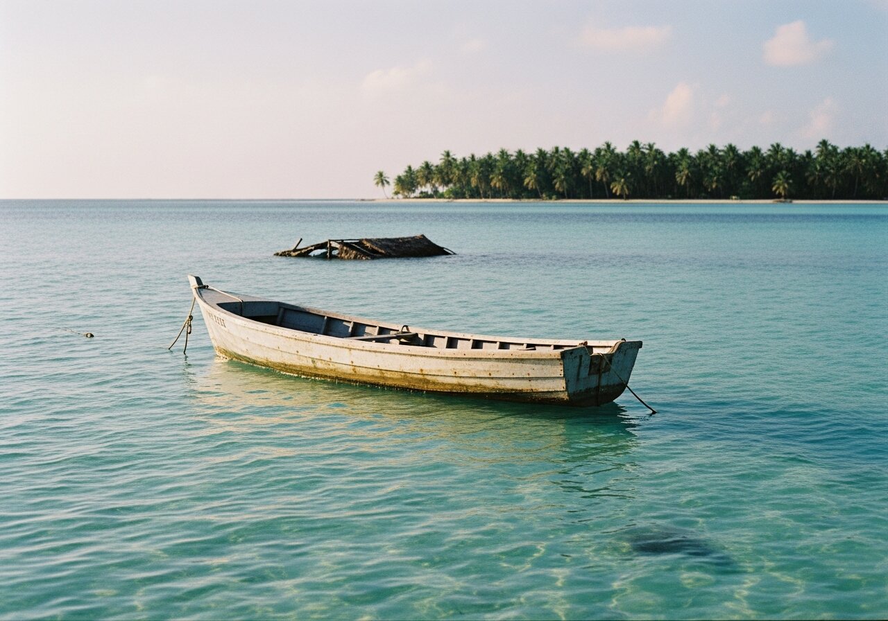 A small wooden fishing boat moored in shallow water where the centre of Tebunginako village used to stand.