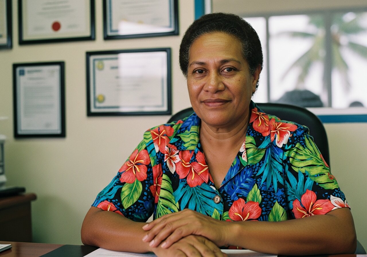 Portrait of Tessie Lambourne, secretary for the department of foreign affairs in Kiribati, in her government office.