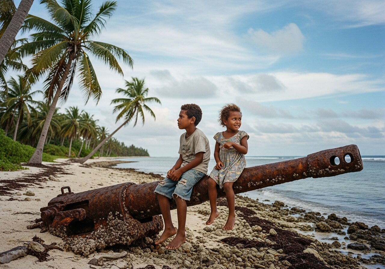 Two i-Kiribati children sitting on top of a rusted WWII Vickers naval gun half-buried on a Tarawa beach.