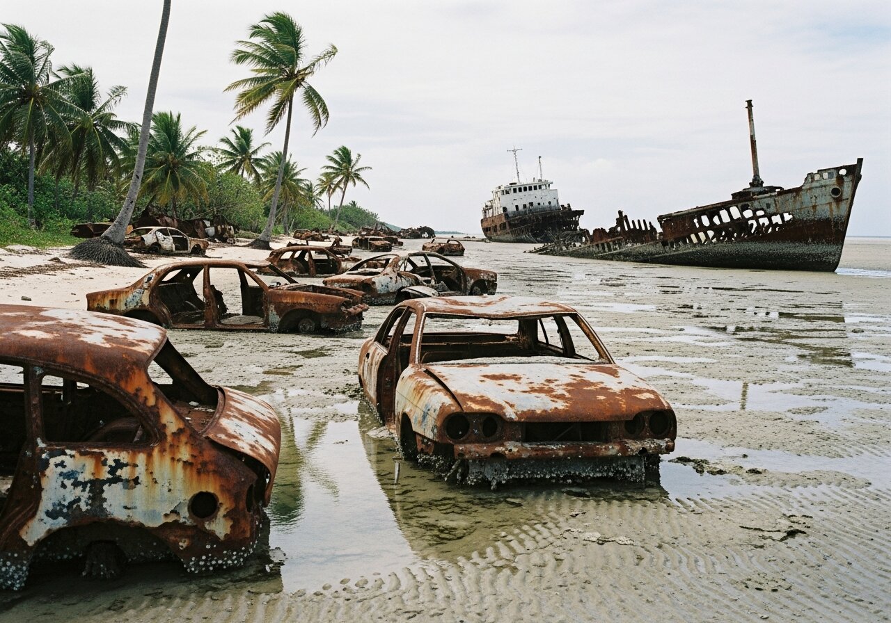 Rusted car hulks and a wrecked ship half-buried in the sand of a Tarawa beach at low tide.